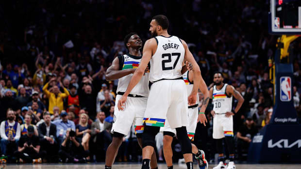 Anthony Edwards and Rudy Gobert celebrate